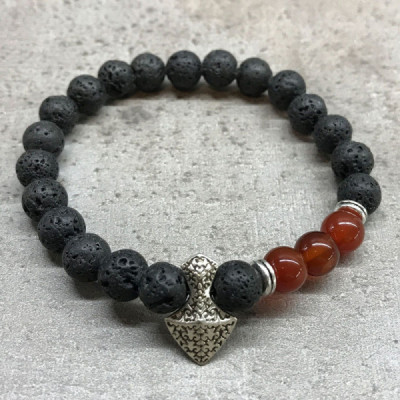 Pulseira de Pedra de Lava com Hacha e Cornalina