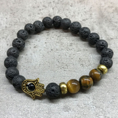Pulseira de Pedra de Lava com Hamsa e Olho de Tigre