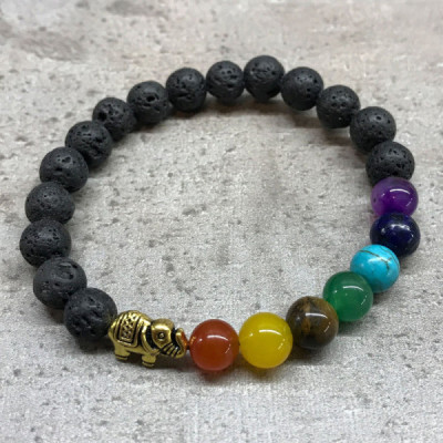 Pulseira de Pedra de Lava com Elefante e Chakras
