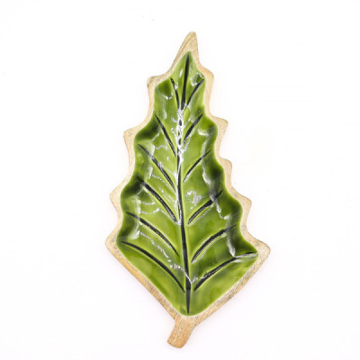 Taça de Madeira com Folha Esmaltada 33x17cm | Decoração Natural