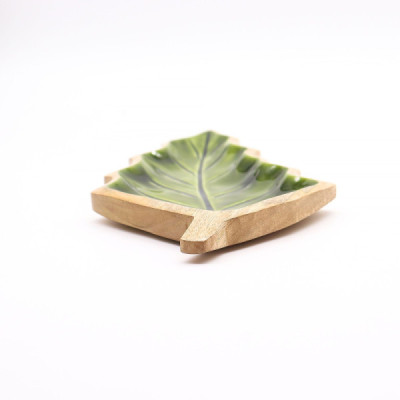 Taça de Madeira com Folha Esmaltada 33x17cm | Decoração Natural