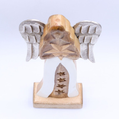 Anjo em Madeira de Manga com Estrela e Asas Metálicas 30cm