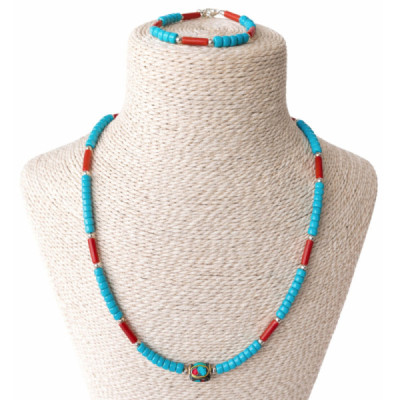 Collar Nepalí con cuentas tribales turquesa y coralita - (50 cm) y pulsera - (17 cm) conjunto