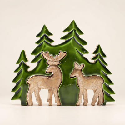 Decoração Madeira 3D Dois Veados na Floresta 18x23cm